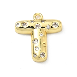 Letter T Латунные микропаве прозрачные подвески с фианитом, без кадмия и без свинца, долговечный, стойки покрытие, реальный 18 k позолоченный, Письмо T, 21.5x20x4.5 мм, отверстие : 1.8 мм