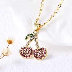Вишня Латунные микропаве камелия кубический цирконий фрукты кулон ожерелья для женщин, реальный 18 k позолоченный, вишня, 17.64 дюйм (44.8 см)