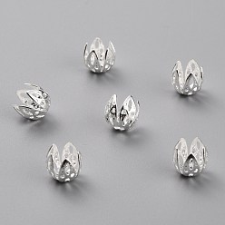 Посеребрённый Латунные причудливые шапочки для бус, 5-лепесток, цветок, 925 серебро покрытием, 7x7 мм, отверстие : 2 мм