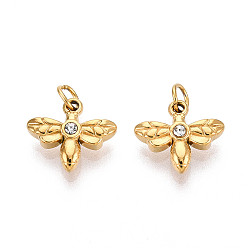 Настоящее золото 18K 304 Подвески из нержавеющей стали со стразами, ионное покрытие (IP), стрекоза, с целью перехода в кольце, реальный 18 k позолоченный, 10x11x3.5 мм, отверстие : 2.5 мм