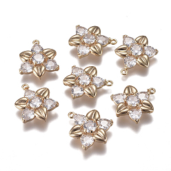 Real 18K Gold Plated Brass Micro Pave Clear Cubic Zirconia Links connectors, Flower, Real 18K Gold Plated, 15.5x12x3mm, Hole: 1mm
