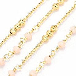 Розовый Латунные цепочки ручной работы, с гранеными линзами, латунные бусины и катушка, пайки, долговечный, реальный 18 k позолоченный, туманная роза, 1.7x1.3x0.4 мм, шарики: 3.5x2.5~3 мм и 3 мм, около 32.8 футов (10 м) / рулон