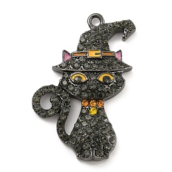 Cat Shape Сплав с горный хрусталь стекло кулоны, Хэллоуин тема, форма кошки, 43x29x6 мм, отверстие : 2 мм