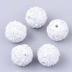 White Acrylic Beads, Glitter Beads,with Sequins/Paillette, Round, White, 19.5~20x19mm, Hole: 2.5mm