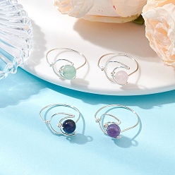Серебро 4 шт. 4 стили луна натуральный зеленый авантюрин и розовый кварц и аметист и лазурит кольца, женское кольцо из медной проволоки, серебряные, 11 мм, размер США 7 1/4 (17.5 мм), 1 шт / стиль