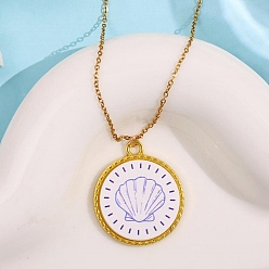 Плоский Круглый Подвеска в форме ракушки из акрила с морской тематикой 201 цепочка из нержавеющей стали для женщин, золотые, синий и белый, плоско-круглые, 16.10 дюйм (40.9 см)