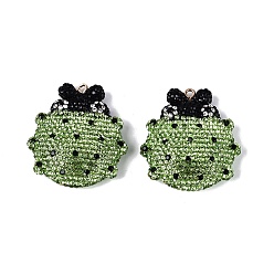 Peridot Handmade Polymer Clay & Rhinestone Big Pendants, Beetle Charms, with Iron Loops, Light Gold, Peridot, 50~51x45x14~15mm, Hole: 2~2.5mm