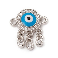 Platinum Brass Micro Pave Clear Cubic Zirconia Links connectors, with Enamel, Long-Lasting Plated, Woven Net/Web with Evil Eyes, Platinum, 14x12.5x3mm, Hole: 1.2mm