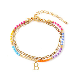 Letter B 304 Браслеты из нержавеющей стали с подвесками в виде букв, двухслойные, Эластичные браслеты из смоляных бусин для женщин, золотые, В письме, 6.50 дюйм (16.5 см) ~ 6.69 дюйм (17 см)