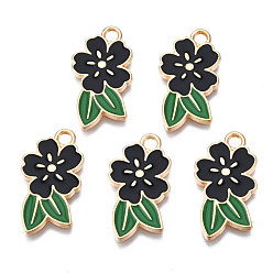 Черный Подвески из эмали и сплава, без кадмия и без свинца, золотой свет, цветок, чёрные, 24.5x14.5x1.5 мм, отверстие : 2 мм