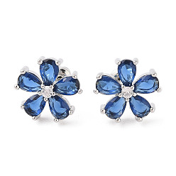 Королевский синий Серьги-гвоздики из латуни с микропаве из кубического циркония, долговечный, цветок, платина, королевский синий, 14x14 мм