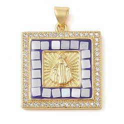 Blue Brass & Shell & Clear Cubic Zirconia Pendants, Cadmium Free & Lead Free, Square with Virgin Mary Pattern, Real 18K Gold Plated, Blue, 24.5x21.5x3.5mm, Hole: 3.5x4mm