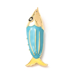 Turquoise Foncé Grands pendentifs en laiton émaillé, charmes de poissons, crémaillère plaquage, plaqué longue durée, sans plomb et sans cadmium, réel 18 k plaqué or, turquoise foncé, 51x19x12mm, Trou: 4mm