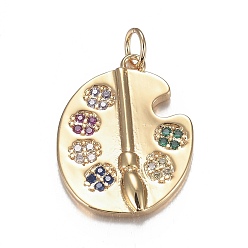 Настоящее золото 18K Латунные микро красочные подвески из фианита, долговечный, палитра, реальный 18 k позолоченный, 21.5x16.5x3 мм, отверстие : 3.5 мм
