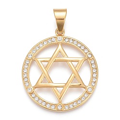 Golden 304 Stainless Steel Pendants, with Crystal Rhinestone, Ring with Star of David, Golden, 44.5x39x4mm, Hole: 8x11mm