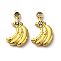 Настоящее золото 18K Вакуумное покрытие pvd 304 подвески из нержавеющей стали со стразами, банан, реальный 18 k позолоченный, 9.5x5.5x1.5 мм, отверстие : 1 мм