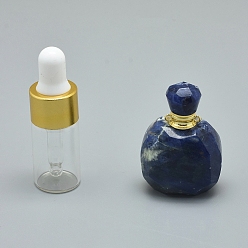 Sodalite Natural Sodalite Openable Perfume Bottle Pendants, with Brass Findings and Glass Essential Oil Bottles, 39~50x26~29x16~21mm, Hole: 1.2mm, Glass Bottle Capacity: 3ml(0.101 fl. oz), Gemstone Capacity: 1ml(0.03 fl. oz)