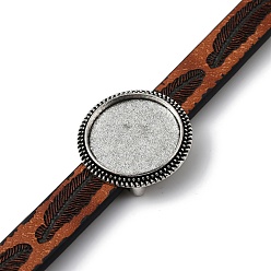 Античное Серебро Браслет из сплава с плоскими круглыми звеньями, подходящий для кабошонов, с рисунком перьев, шнуры из искусственной кожи, античное серебро, 8 дюйм (20.3 см), лоток : 18x18 мм