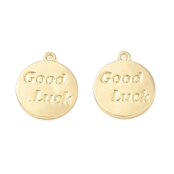 Настоящее золото 18K Латунные подвески, Плоский круглый талисман со словом удачи, реальный 18 k позолоченный, 14x12x1.5 мм, отверстие : 1 мм