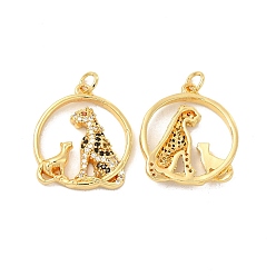 Black Brass Micro Pave Cubic Zirconia Pendants, with Jump Ring, Flat Round with Cheetah/Leopard Charm, Golden, Black, 23x20x3.5mm, Hole: 3mm