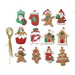 Mixed Color PVC Hanging Decorations, with Cord, Christmas Theme, Mixed Shapes, Mixed Color, Pendant: 66~78x38~58x2.5~4mm, Hole: 3.5~4.3mm, 12pcs/set