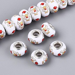 Цыпленок Непрозрачная смола европейский бисер, RONDELLE большие шарики отверстия, с латунными сердечниками с серебряным покрытием, белые, цыпленок, 13.5~14x9 мм, отверстие : 5 мм