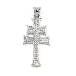Платина Религиозные латунные подвески с микропаве из прозрачного кубического циркония, двойной крест прелести, платина, 30.5x17.5x2 мм, отверстие : 3.5x2.5 мм