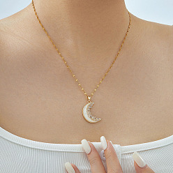 Золотой Минималистичные латунные сверкающие прозрачные кубические циркониевые подвески в форме луны, белой эмалью, золотые, 15.75 дюйм (40 см)