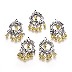 Light Khaki Alloy Pendants, with Faceted Glass Rondelle Beads, Ring, Antique Silver, Light Khaki, 43x25x5.5mm, Hole: 2.5mm, Pendant: 5.5~6x4mm