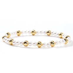 Золотой Элегантные эластичные браслеты для женщин с имитацией жемчуга и латунных бусин., круглые, золотые, 6.89 дюйм (17.5 см)