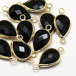 Черный Золотистые латунные стеклянные каплевидные соединители, чёрные, 21x11x5 мм, отверстие : 2 мм