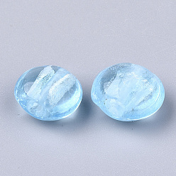 Light Sky Blue Handmade Silver Foil Lampwork Glass Beads, Flat Round, Light Sky Blue, 12~13.5x11.5~13.5x7.5~8.5mm, Hole: 1~2mm