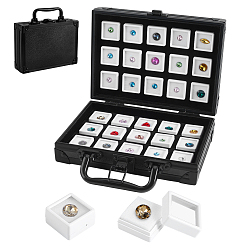 White Rectangle Aluminum Alloy with MDF Organizer Cases, with 30Pcs Square Plastic Visible Window Gems Cases with Spooge Inside, White, 20.1x15.5x6.3cm