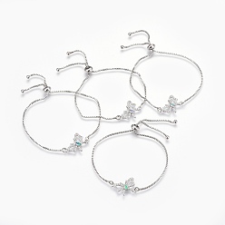 Mixed Color Adjustable Brass Micro Pave Cubic Zirconia Bolo Bracelets, Slider Bracelets, with Synthetic Opal, Butterfly, Platinum, Mixed Color, 8-5/8 inch(22cm)