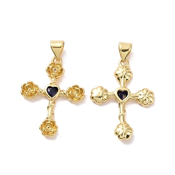 Полуночно-синий Крест с цветком, латунь, микропаве, кубический цирконий, подвески, без кадмия, без никеля и без свинца, реальный 18 k позолоченный, темно-синий, 25.5x18.5x3 мм, отверстие : 3.5x5 мм