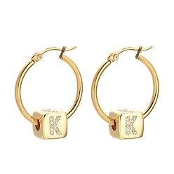 Letter K 304 Stainless Steel Hoop Earrings, with Brass Micro Pave Cubic Zirconia Beads, Cube with Letter, Golden, Letter.K, 29.5x24.5mm, Pin: 0.7x1mm