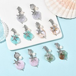 Stainless Steel Color 304 Stainless Steel & Acrylic & Natural Pearl Stud Dangle Earrings, Flat Round & Starfish, Mixed Color, Stainless Steel Color, 52x24.5mm