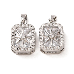Platinum Brass Micro Pave Clear Cubic Zirconia Pendants, Rectangle Octagon with Star Pattern Charms, Platinum, 16.5x11.5x7.5mm, Hole: 2x4.5mm