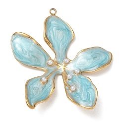Light Blue 304 Stainless Steel with Enamel Pendants, with ABS Plastic Pearl, Flower Charms, Ion Plating(IP), Real 18K Gold Plated, Light Blue, 46x39x3.5mm, Hole: 1.8mm