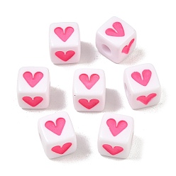 Pink Непрозрачные акриловые эмалированные европейские бусины, бусины с большим отверстием, куб и сердце, розовые, 10x10x10 мм, отверстие : 4 мм, Около 600 шт / 500 г
