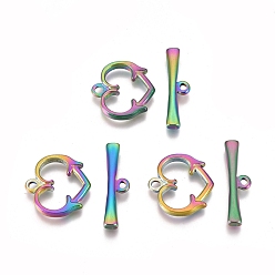 Rainbow Color Ионное покрытие (ip) 304 застежки из нержавеющей стали, сердце, Радуга цветов, Сердце: 15.3x15.5x2.3 mm, отверстие : 1.6 мм, бар: 6x21.2x2.4 mm, отверстие : 1.5 мм