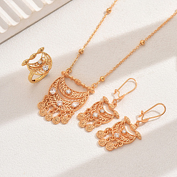 Золотой Комплекты серег, ожерелий и колец в этническом стиле с прозрачными кубическими циркониями и лунообразными кристаллами из латуни с микропаве для женщин, золотые, ожерелья: 17.72 дюйм (45 см)