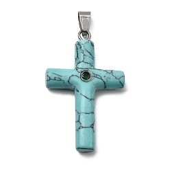 Синтетическая Бирюза Подвески-кресты из синтетической бирюзы, с латунными микро проложить кубических выводы циркония, платина, стойки покрытие, 44.5~45x27.5~28.5x7~8.5 мм, отверстие : 4x6.5 мм