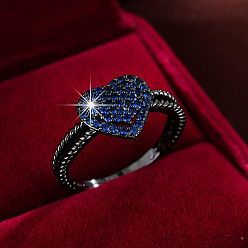 Королевский синий Кольца для женщин с микропаве из латуни и кубическими цирконами, сердце, металлический черный , королевский синий, размер США 7 (17.3 мм)