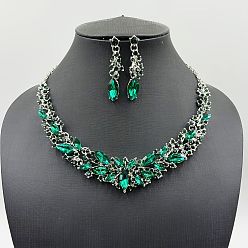 Изумруд Сплава горный хрусталь комплектов ювелирных изделий, включают серьги и ожерелья, слезинка/цветок, платина, изумруд, 440 мм