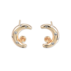 Real 18K Gold Plated Brass Stud Earring Findings, for Half Drilled Beads, with Clear Cubic Zirconia, Cadmium Free & Nickel Free & Lead Free, Crescent Moon, Real 18K Gold Plated, 11.5x8mm, Pin: 0.7mm and 0.8mm(for half drilled bead)
