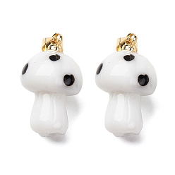 Белый Подвески лэмпворк ручной работы, гриб, с реечной накладкой из латуни с золотистым напылением, долговечный, золотые, белые, 19~21x11~13 мм, отверстие : 4.5x3.5 мм