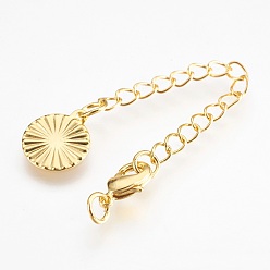 Настоящее золото 18K Экологичный удлинитель цепочки из латуни, с карабин-лобстерами , без кадмия, без никеля и без свинца, долговечный, плоско-круглые, реальный 18 k позолоченный, 67~75x3 мм, отверстие : 2.5 мм, застежки: 10x6x3 мм