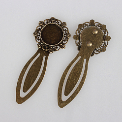 Antique Bronze Antique Bronze Iron Bookmark Cabochon Settings, Cadmium Free & Nickel Free & Lead Free, with Alloy Flat Round Tray, 80x30x3mm, Tray: 18mm