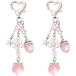 Pink 2 шт. подвесные украшения из акрила и смолы в виде персика-клубники, Шарм из сплава с вращающимися застежками в форме сердца для украшений сумок, розовые, 103 мм
